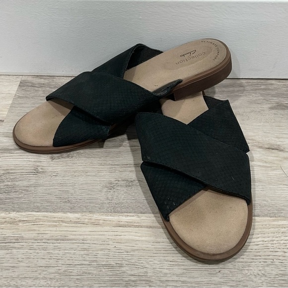 Clarks Collection Slip On Cross Strap Slide Sandals Black Suede Leather Size 8 - Picture 1 of 6